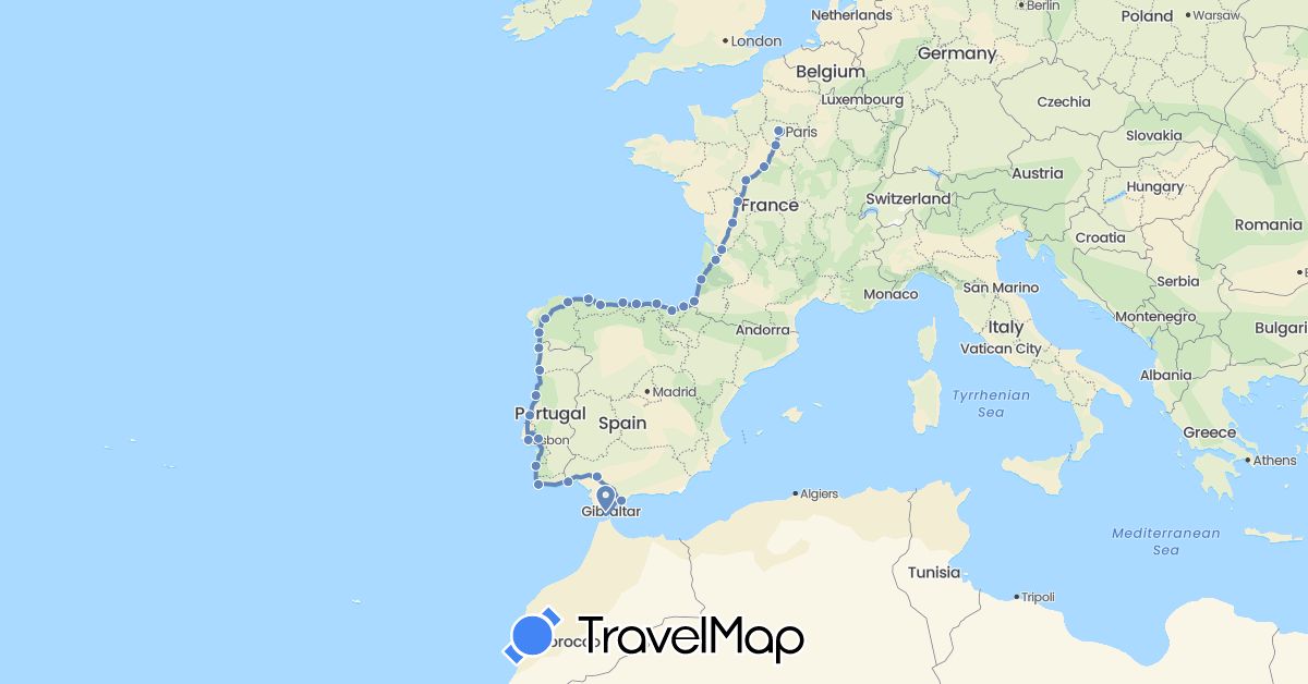 TravelMap itinerary: driving, cycling in Spain, France, Portugal (Europe)