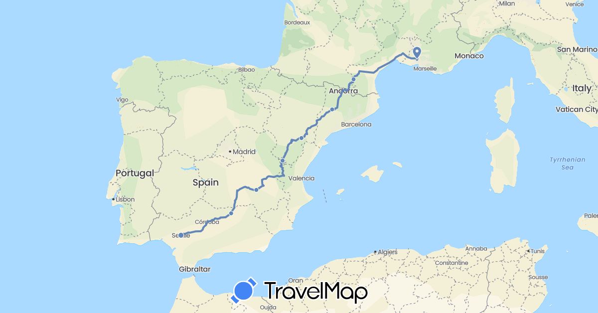 TravelMap itinerary: driving, cycling in Spain, France (Europe)